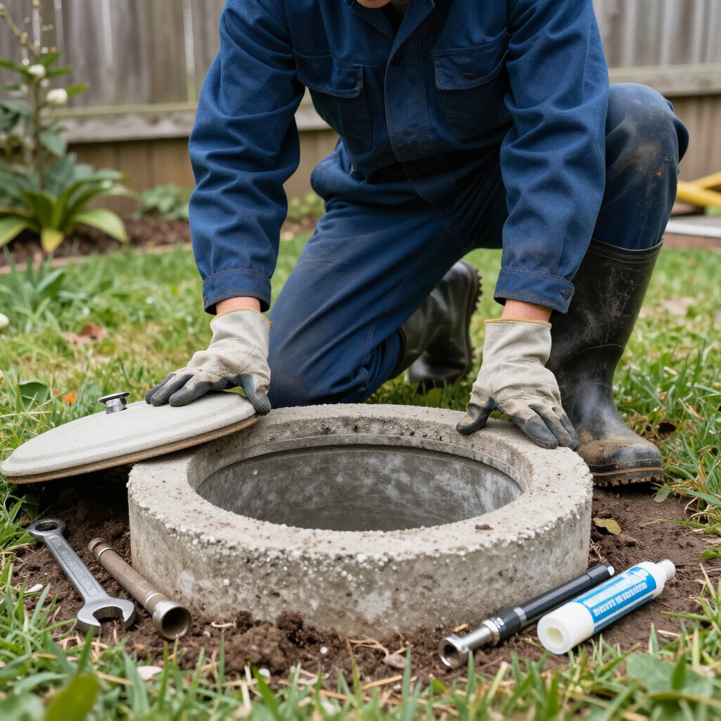 Worker kneeling beside an open manhole, fitting a concrete cover with tools on the grass.