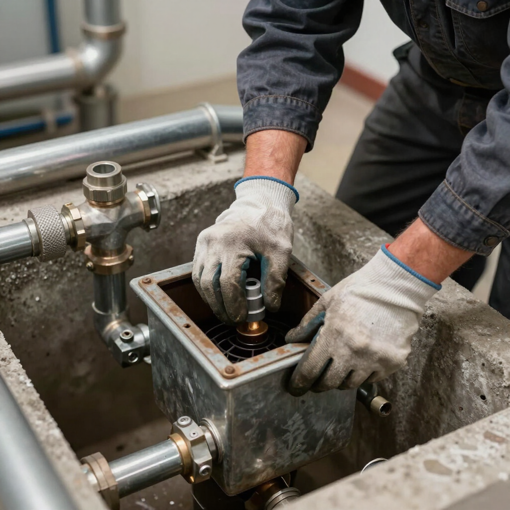 Gloved worker inspecting a metal valve assembly in a concrete pit with pipes attached