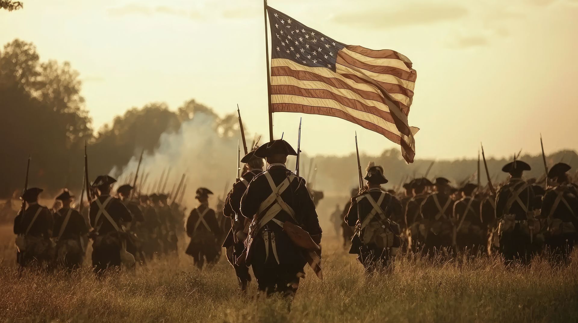 American Revolutionary soldiers march through a field, carrying the U.S. flag in the sunset.