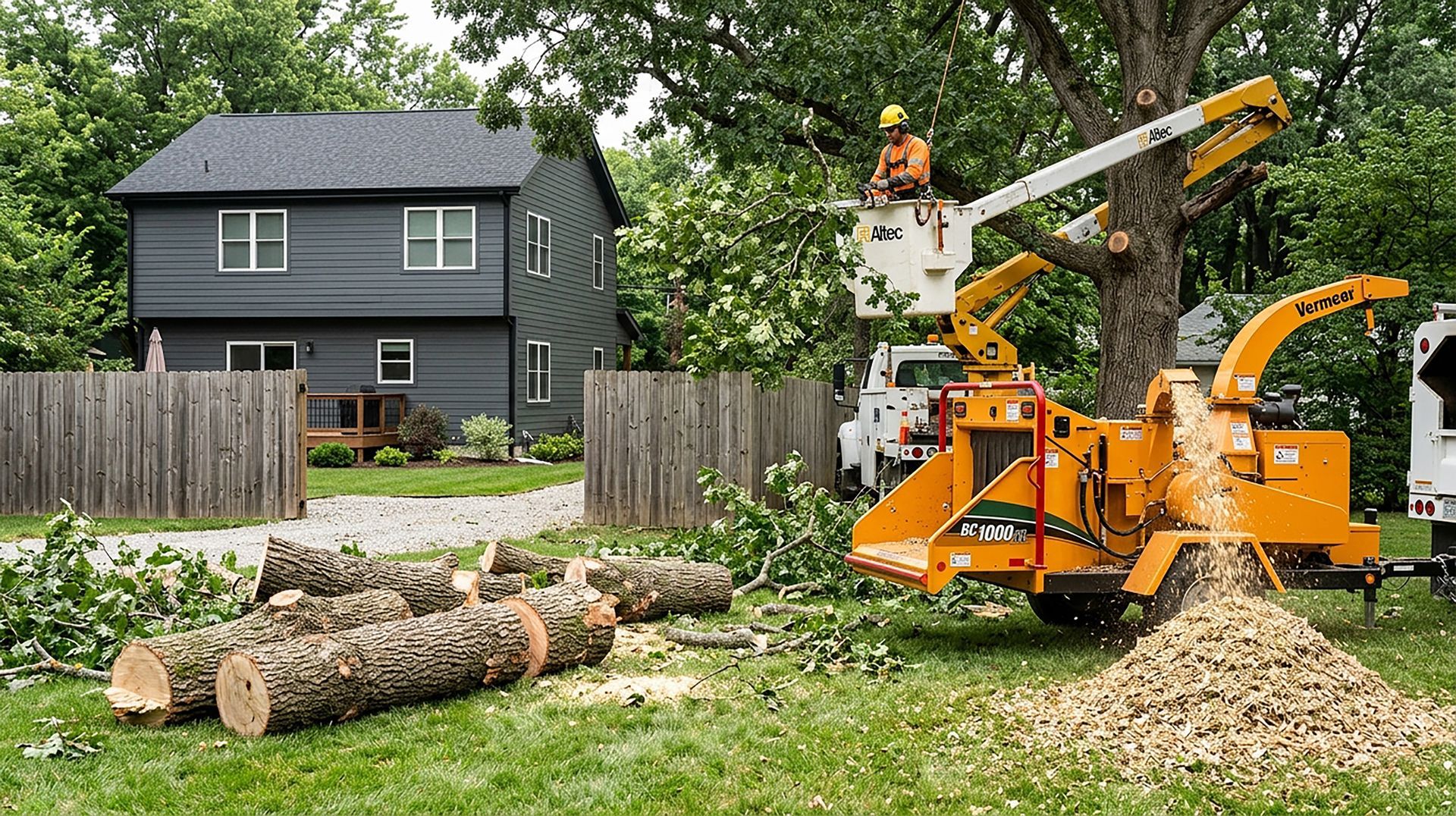 Arborist in a bucket lift performing a tree pruning service while a chipper blows fresh wood chips. Arborist in a bucket lift performing a tree pruning service while a chipper blows fresh wood chips.