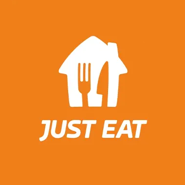 Logo di Just Eat in bianco su sfondo arancione.