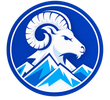 Blue circular logo with a white ram above stylized mountain peaks