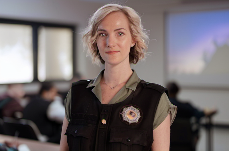 A woman in a police uniform is standing in a classroom.
