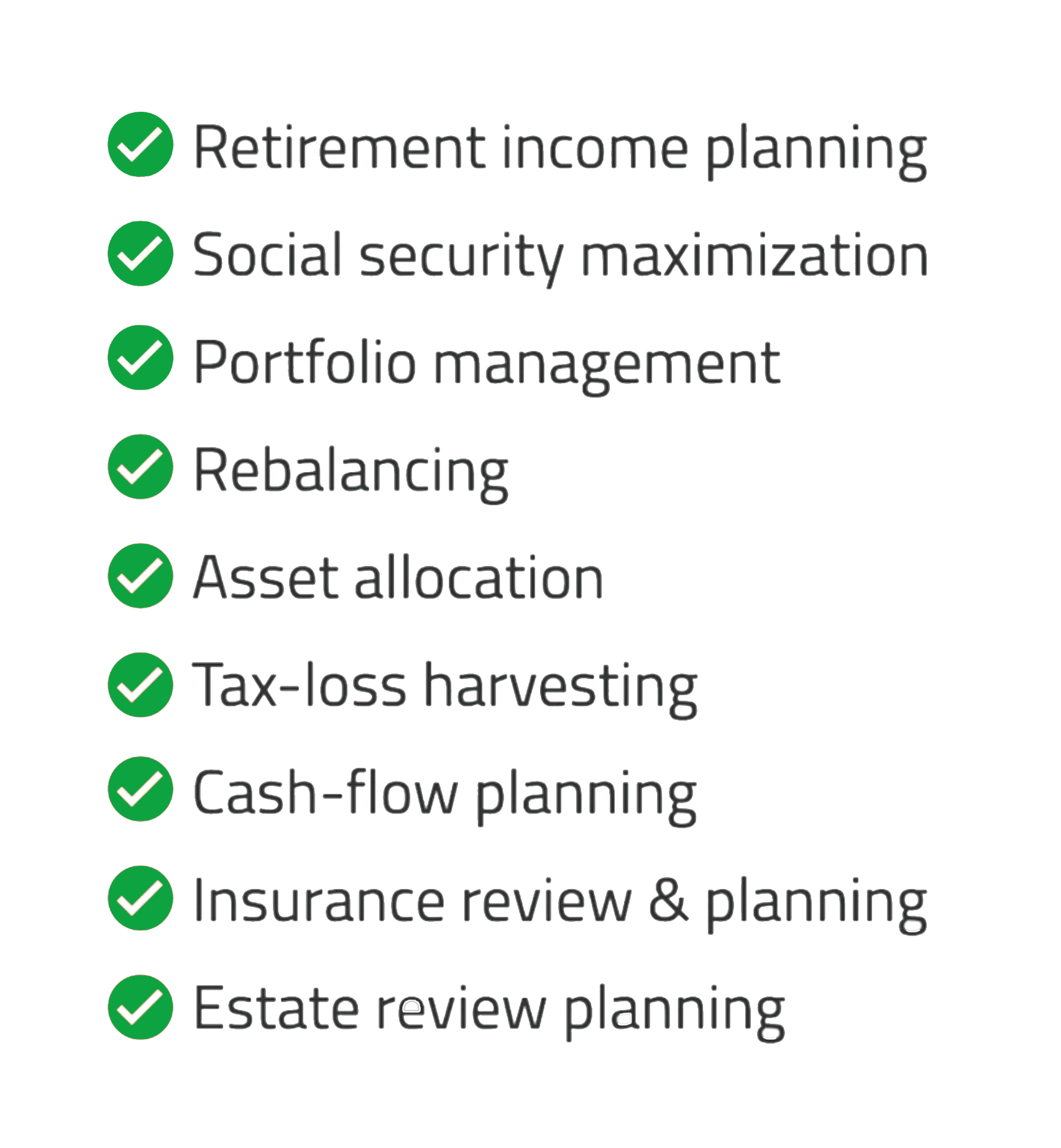 A list of retirement income planning services with green check marks.