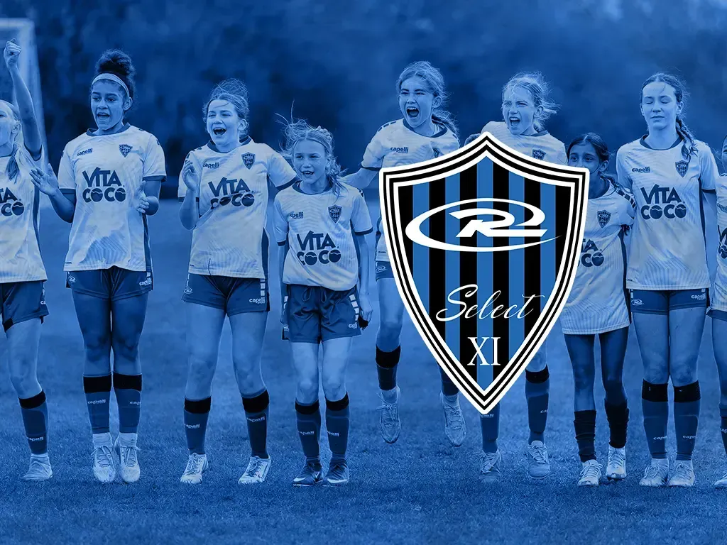 Blue sports collage with a central soccer player in action and a shield-shaped team crest