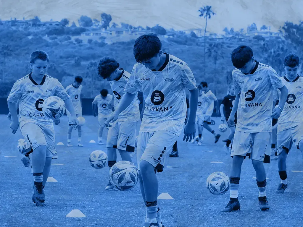 Blue sports jacket and cap overlaid on rugby training scenes, with a circular logo on the right.