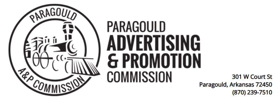 Paragould Advertising & Promotion Commission logo with black text and a hotel graphic on a white background