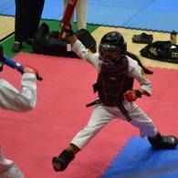Two taekwondo sparring competitors on red and blue mats, one in a lunge with arm raised.