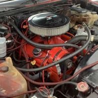 Close-up of a red car engine with a chrome air filter and black hoses in the engine bay