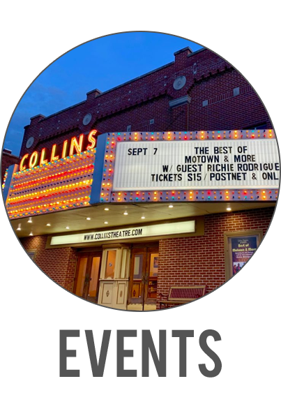 Neon-lit Collins theater marquee at dusk with “EVENTS” beneath it