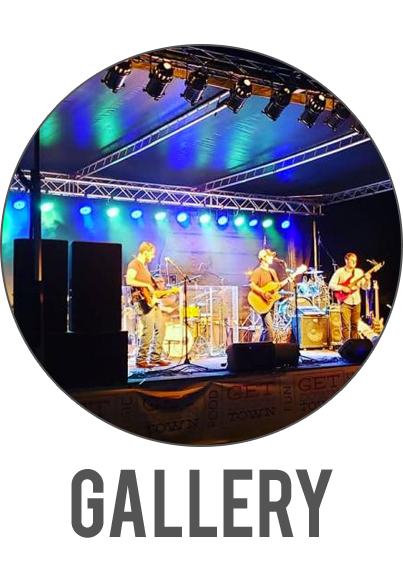 Live band performing on a brightly lit stage with blue and purple lights; “GALLERY” text below