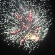 White and red fireworks burst against a dark night sky