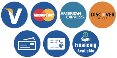 Payment logos for Visa, MasterCard, American Express, Discover, and financing available icons.