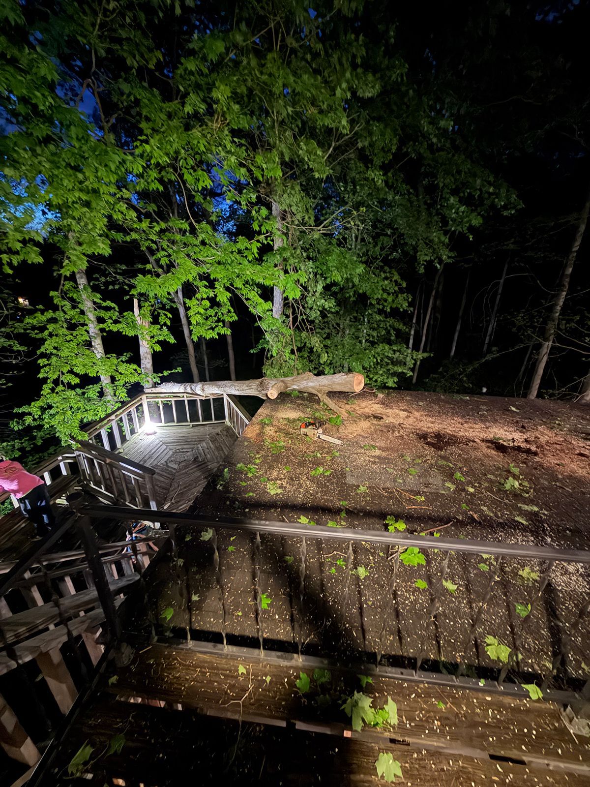 Wooden deck at night beside a forest, lit by a bright light with a railing and stairs