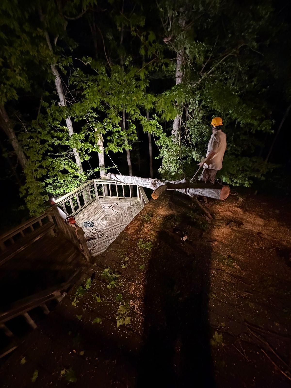 Night scene of a person standing by a lit staircase in a wooded area