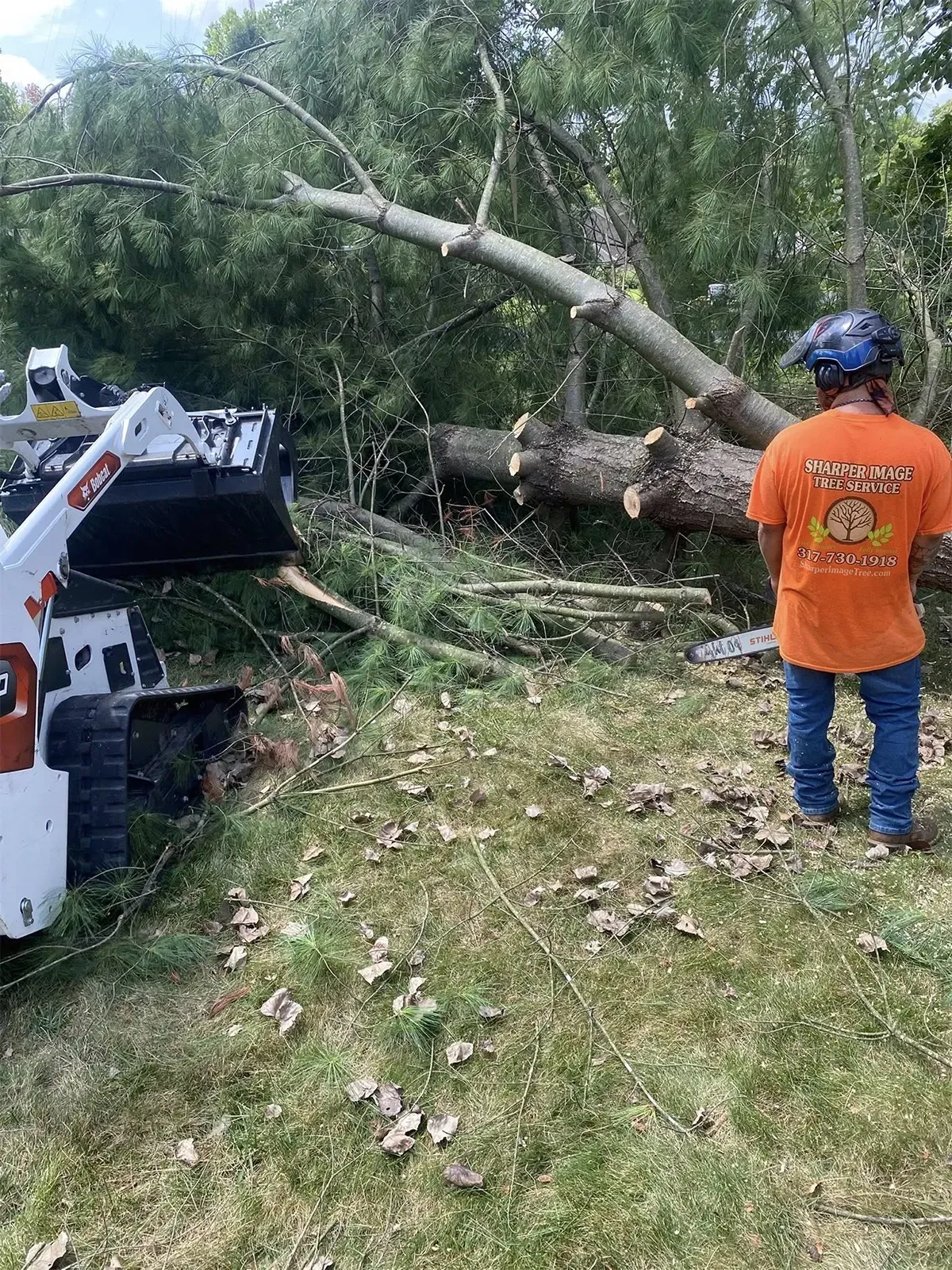 Worker in an orange shirt stands by a fallen tree and a skid steer in a wooded area.