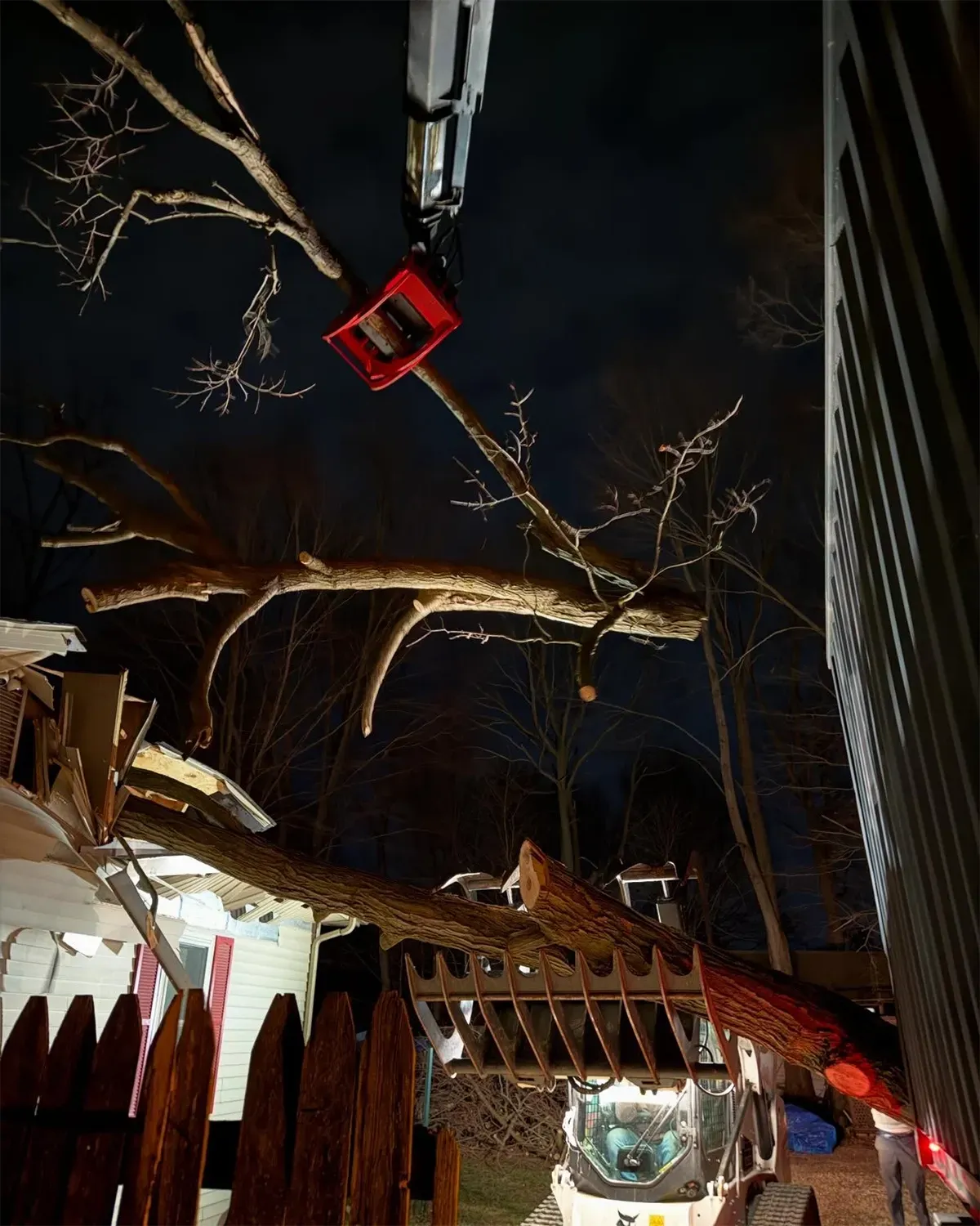 Night street scene with bare trees, buildings, and a suspended red object overhead