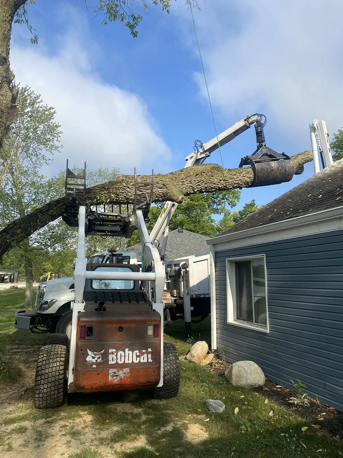 Skid steer lifting a long tree limb over a house beside a gray home on a sunny day