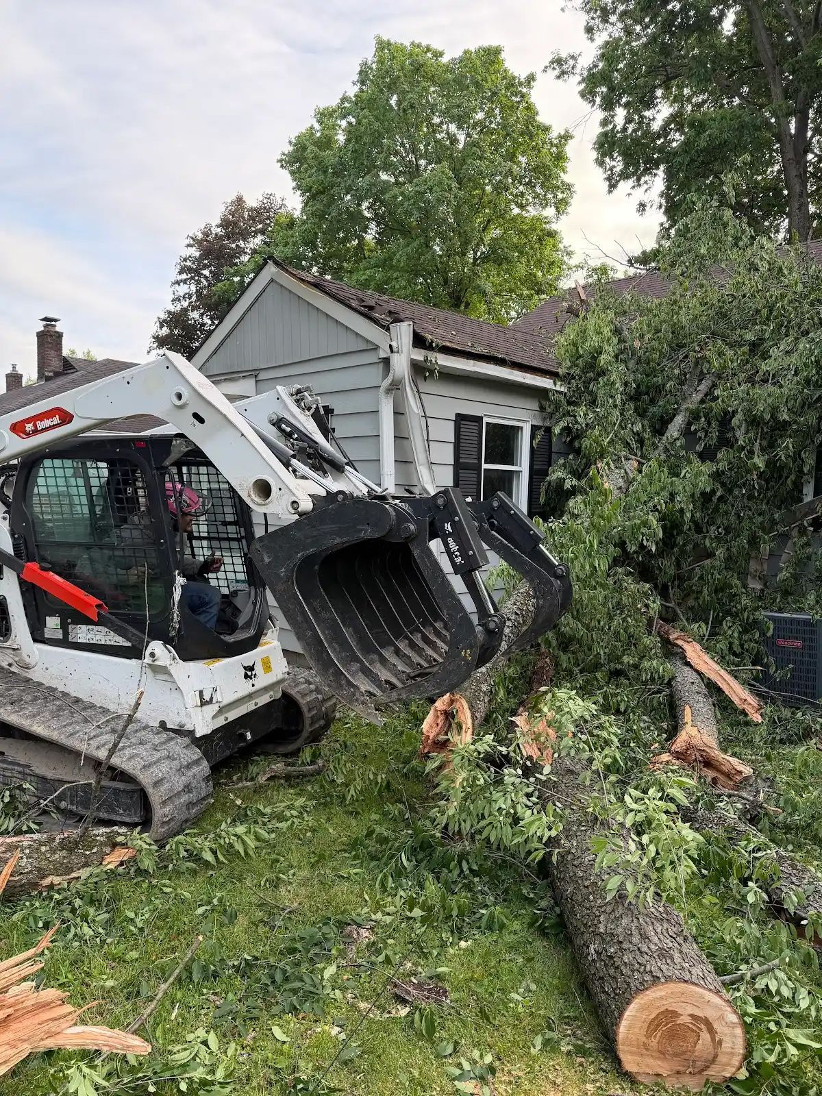 Skid-steer loader clearing a fallen tree beside a gray house in a yard