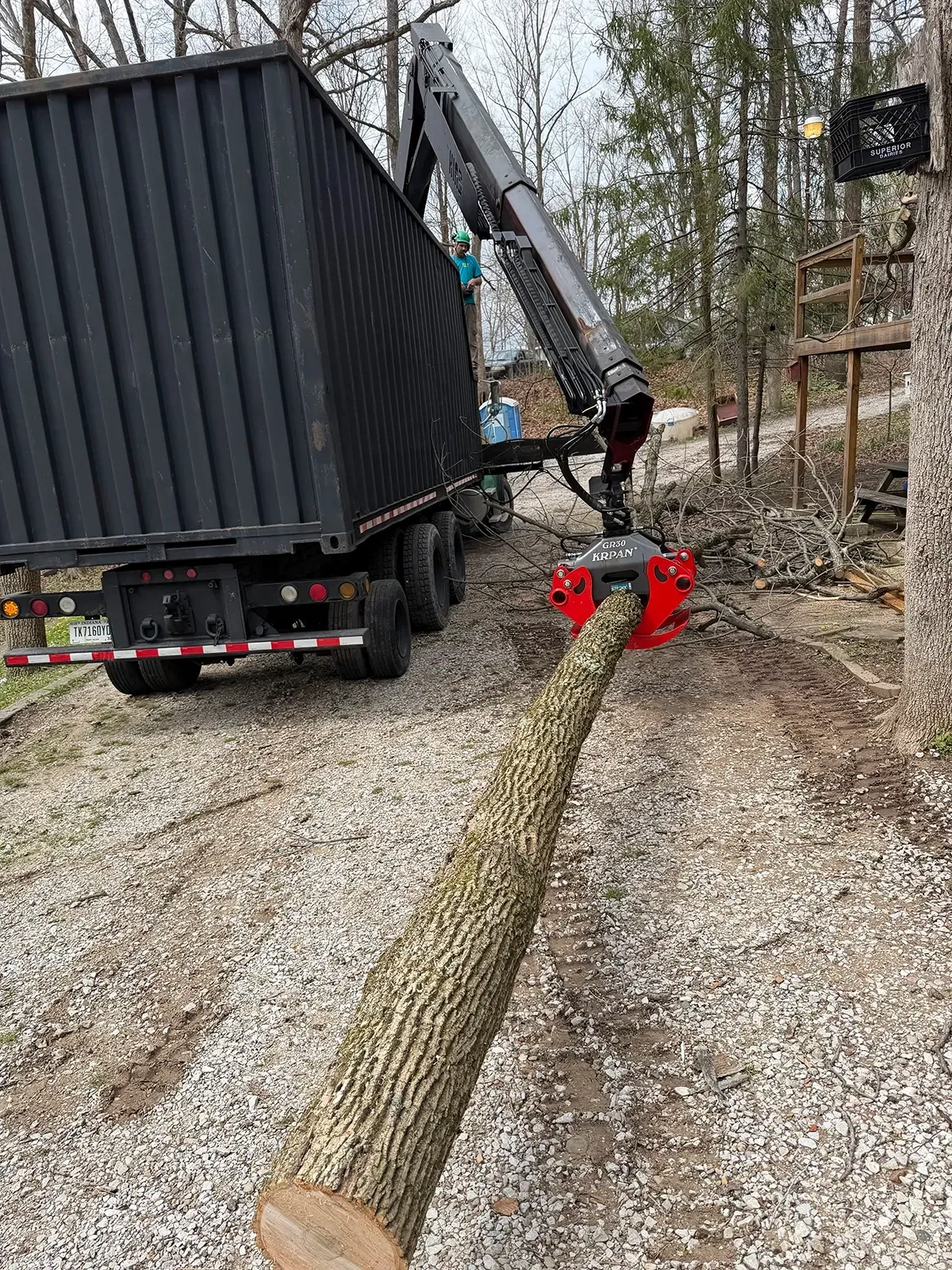 Logging truck unloading a large tree trunk with a red grapple on a gravel road in a wooded area