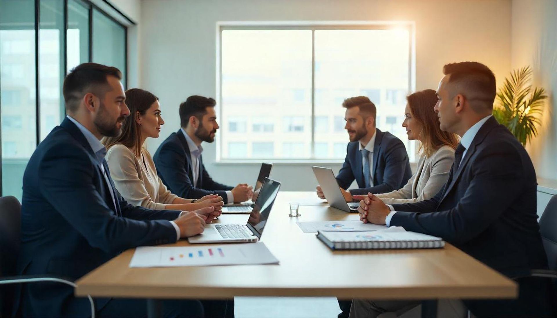 Six professionals sit across from each other at a wooden conference table in a sunlit, modern office.