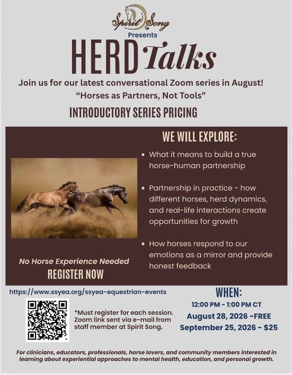 HERD Talks event flyer with horses in field, “Introductory Series Pricing,” webinar details, and QR code