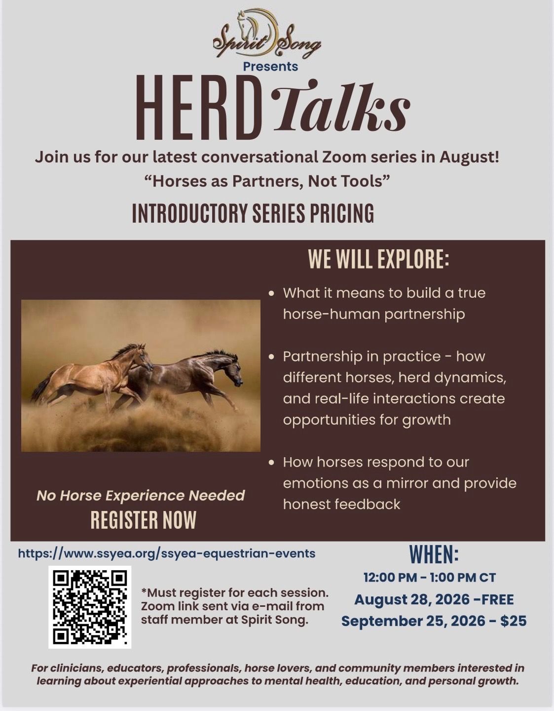 Flyer for HERD Talks: horses in pasture, introductory pricing, webinar info, and QR code