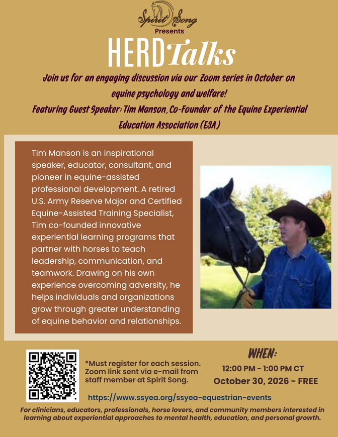 Flyer for HERD Talks: horses in pasture, introductory pricing, webinar info, and QR code