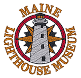 The maine lighthouse museum logo has a lighthouse in the center of a circle.