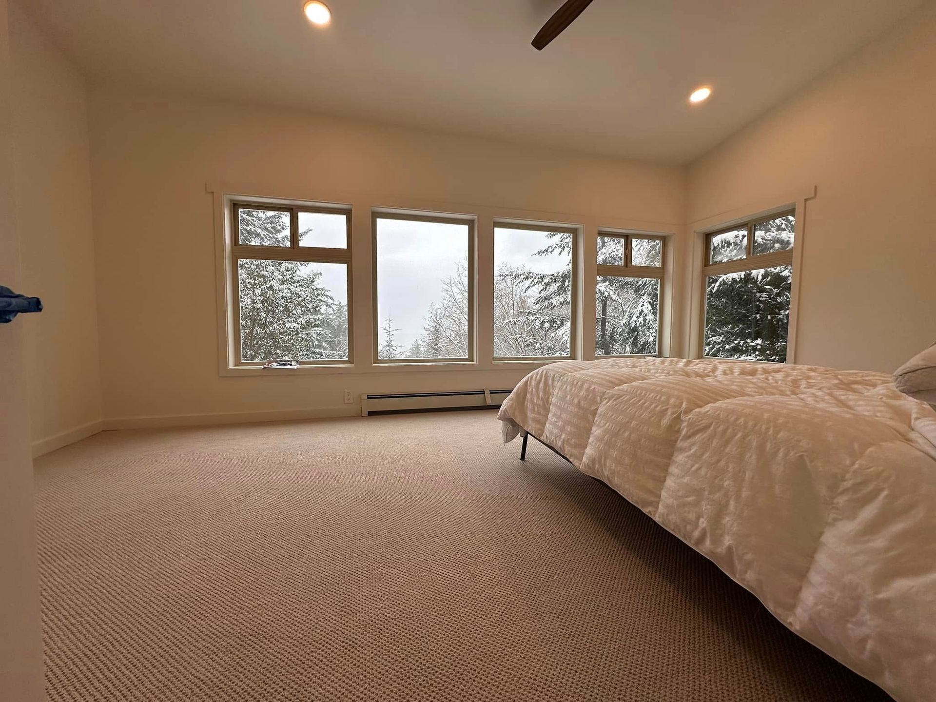 Spacious bedroom with neutral carpet, large windows, and a bed with white bedding.