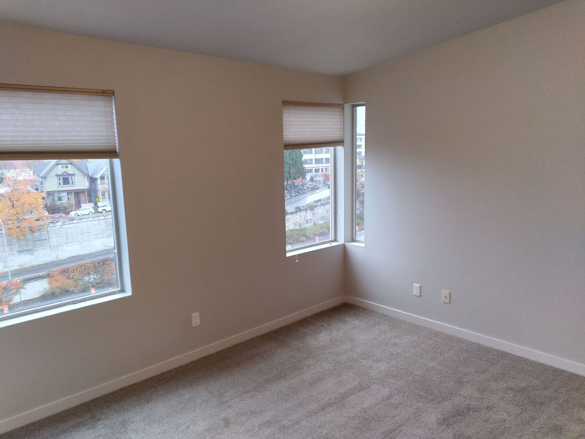 Empty beige carpeted room with two windows and a light gray wall