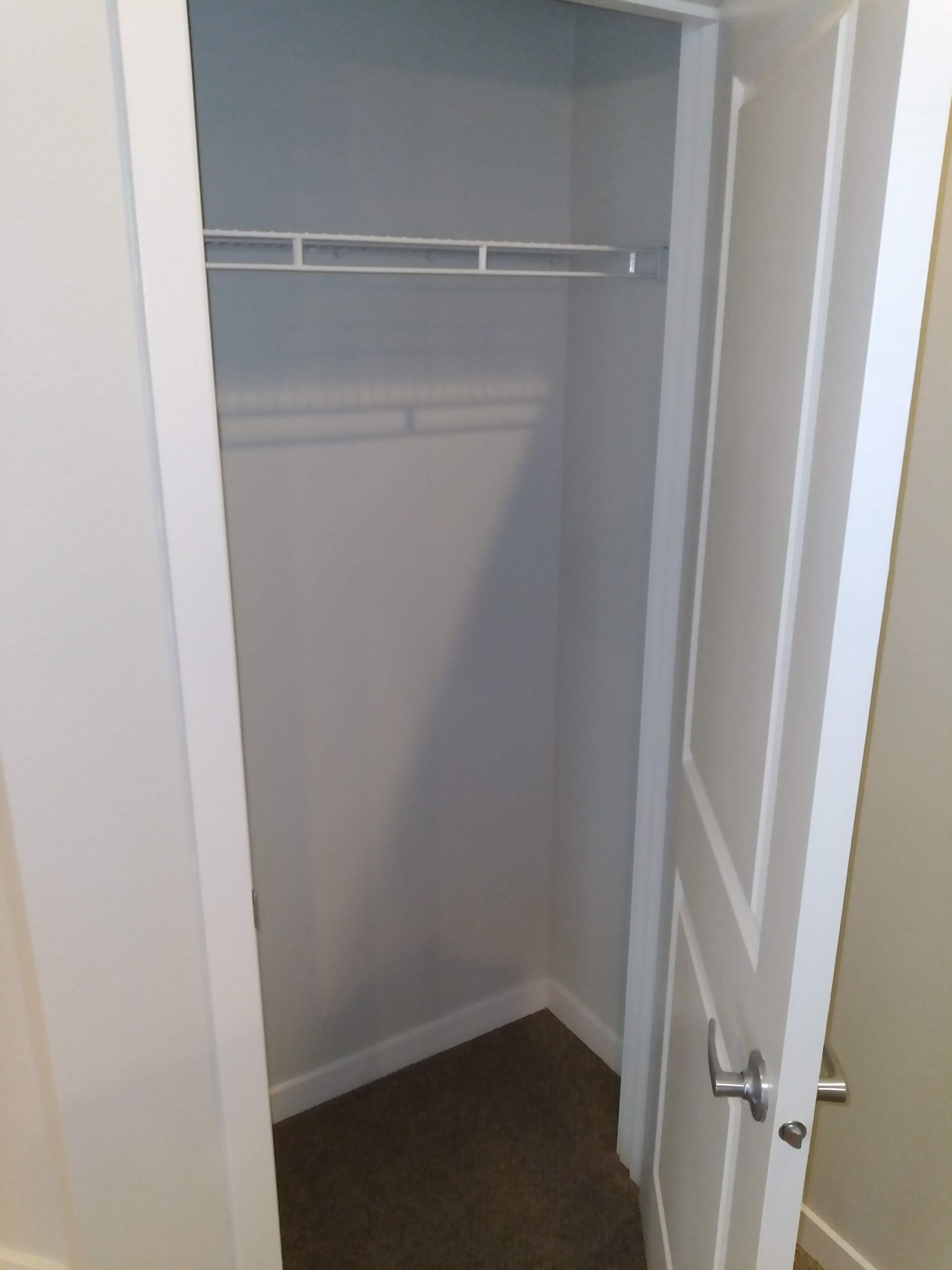 Open closet with white walls, wire shelf, and dark carpeted floor