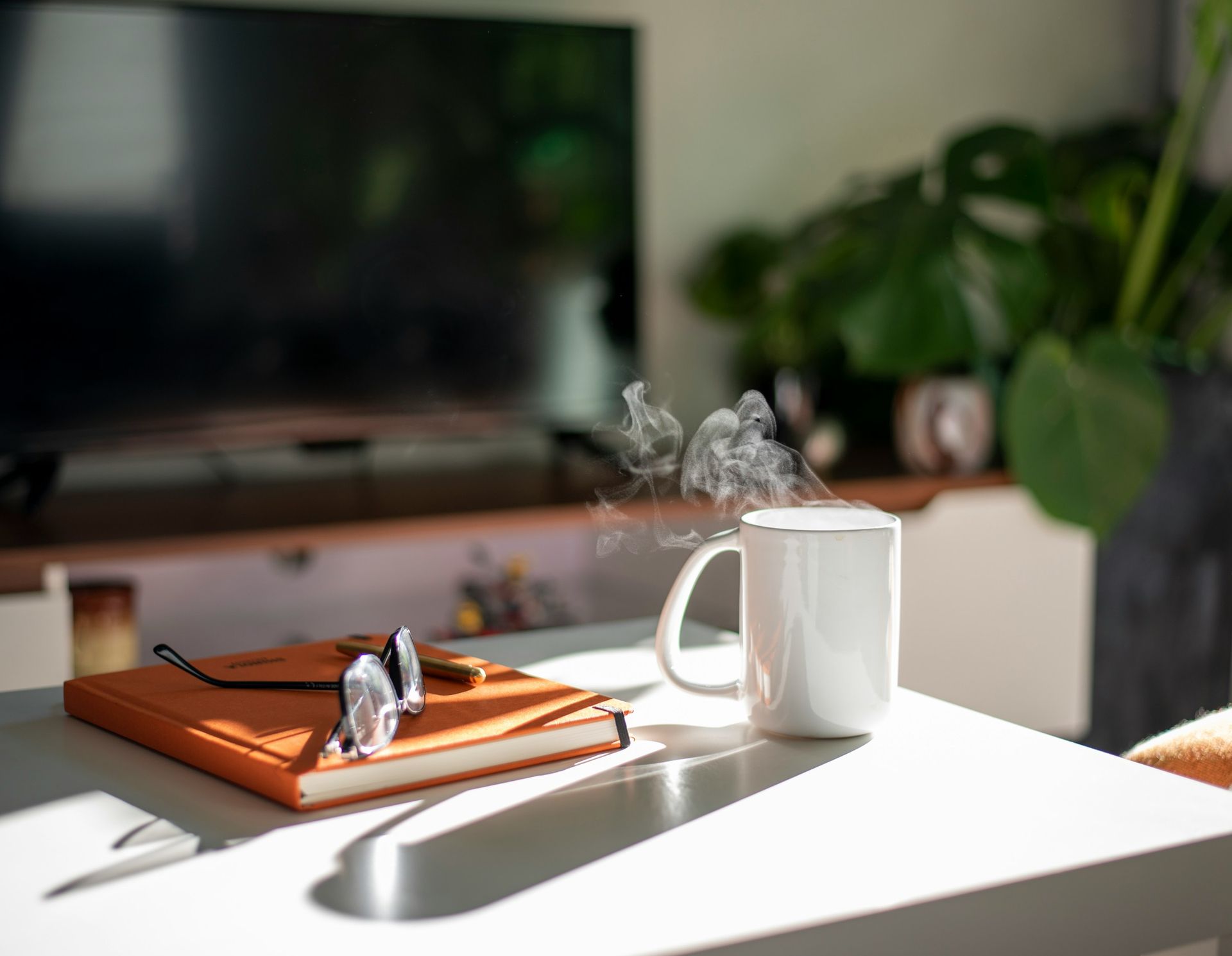 Warm Steaming Beverage in front of computer sending 5 star review