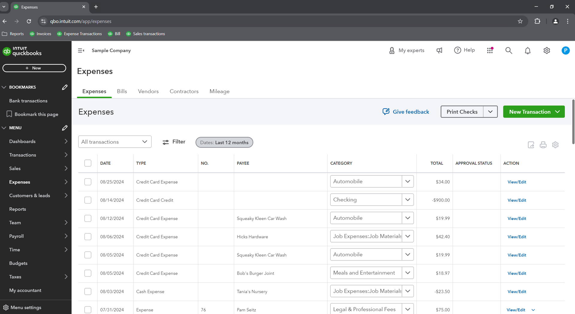 Quickbooks Online Edition Expenses Page