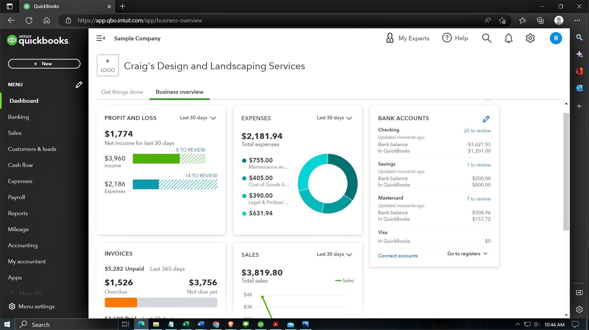 QBO Quickbooks Online Edition Home screen dashboard