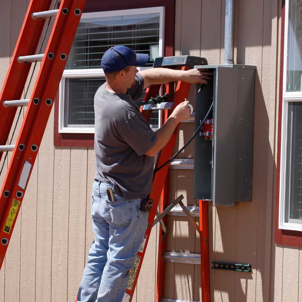A man on a ladder working on an electrical box