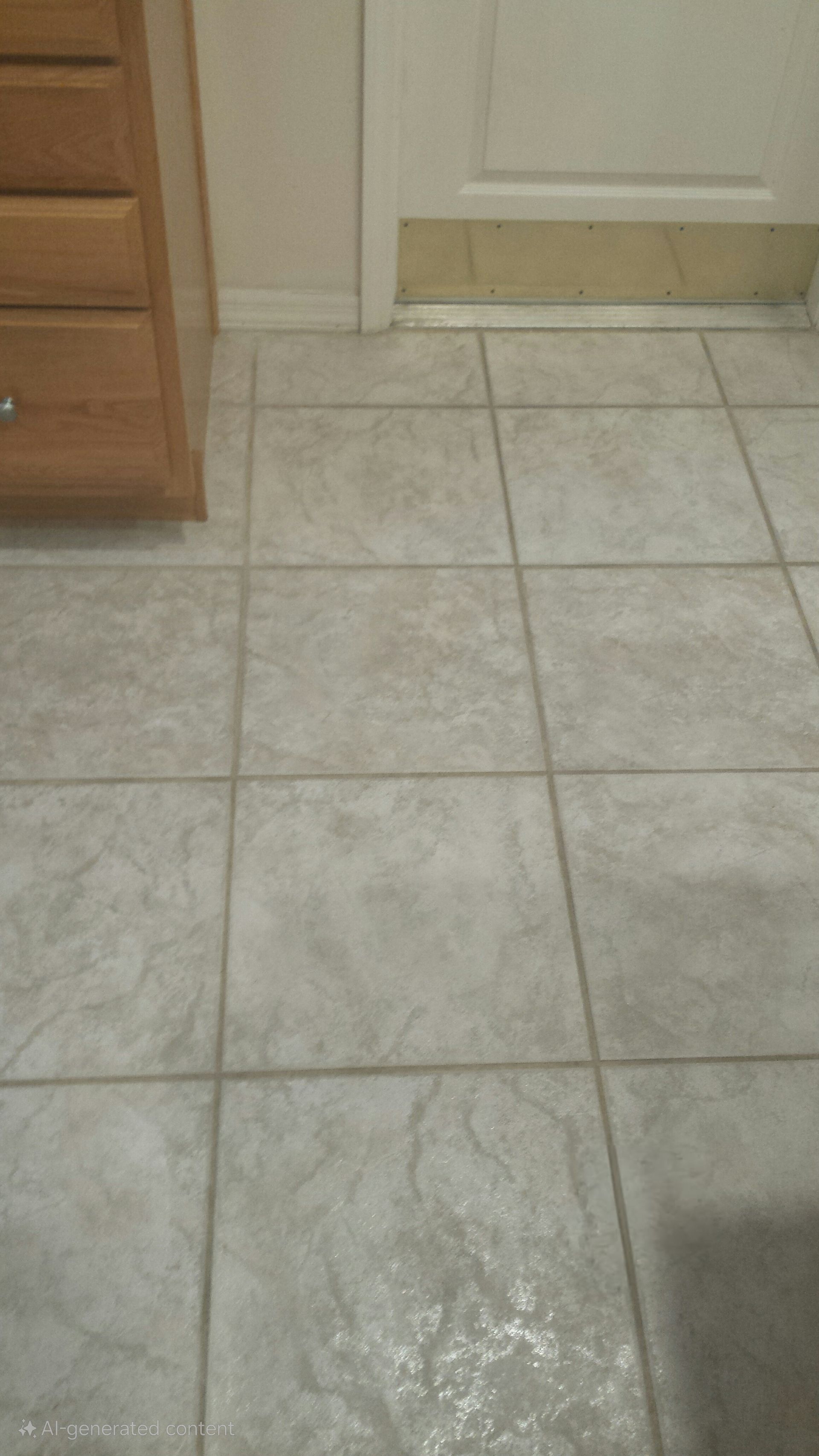 A tiled floor in a bathroom next to a dresser.