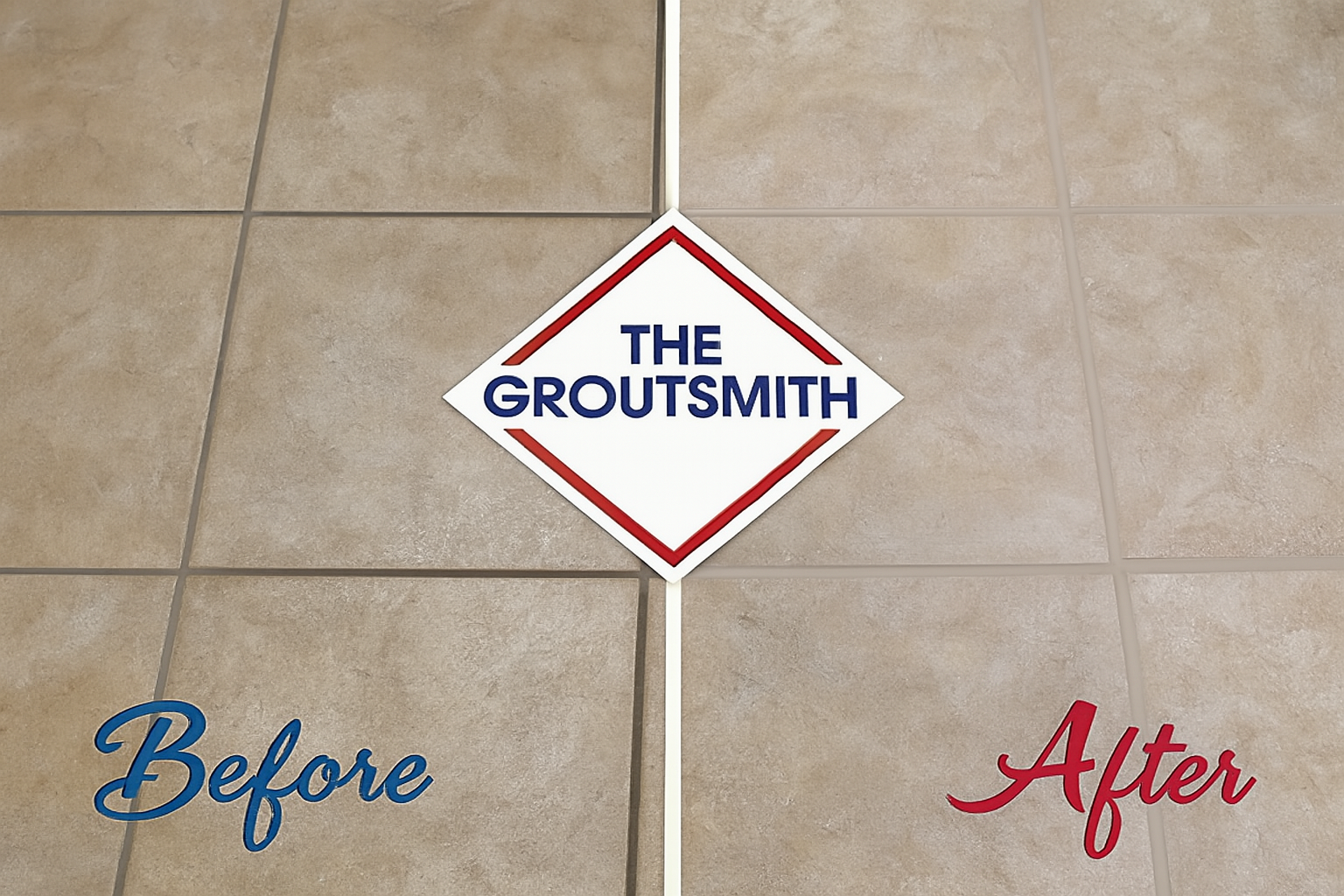 tile floor with stained grout lines that appear dirty despite recent cleaning attempts then results with Groutsmith service