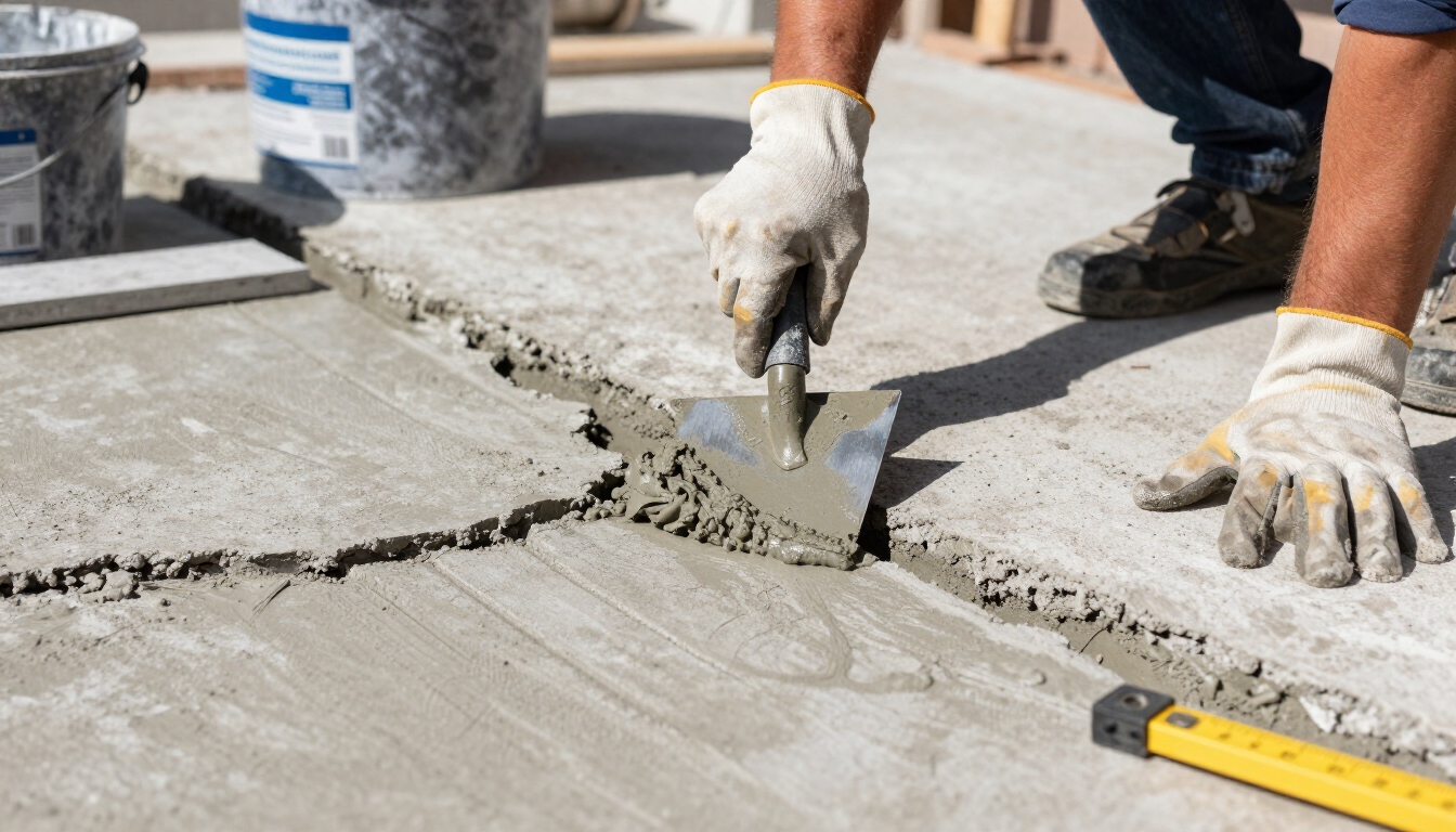 Worker in green gloves cutting stone pavers outdoors with a circular saw.