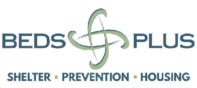 Beds Plus logo with teal text and emblem above the words “Shelter • Prevention • Housing”