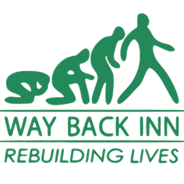 Green logo of figures evolving from crouching to walking, with text “WAY BACK INN” and “REBUILDING LIVES”