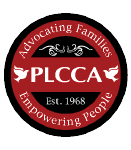 Red-and-black PLCCA circular logo with “Advocating Families,” “Empowering People,” and “Est. 1968”