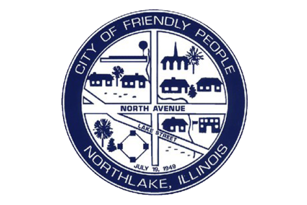 City of Friendly People Northlake, Illinois seal in blue and white with local landmarks and trees
