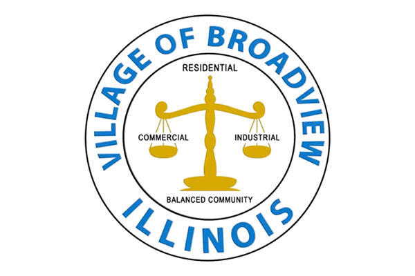 Village of Broadview, Illinois seal with blue text and a gold balanced scales emblem, labeled residential, commercial, industrial