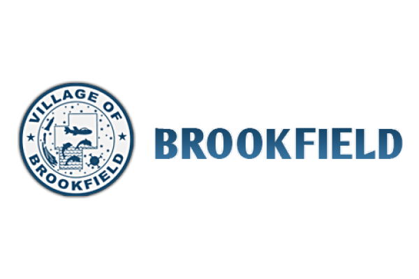Village of Brookfield logo in blue with a circular seal and bold BROOKFIELD text