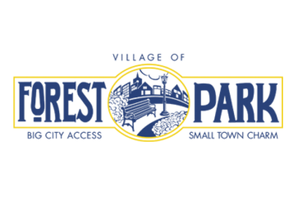 Village of Forest Park logo with blue text, yellow circle, and city skyline emblem