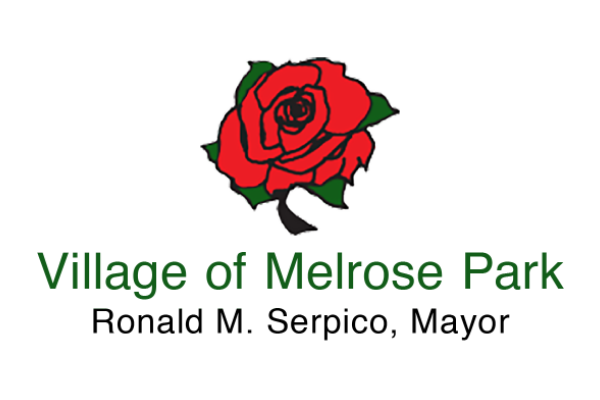 Village of Melrose Park logo with red rose and text “Ronald M. Serpico, Mayor”
