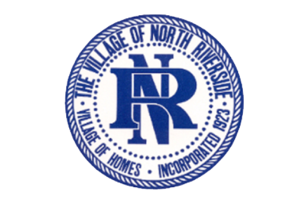 Blue circular logo for The Village of North Riverside, Illinois, with large NR initials in the center