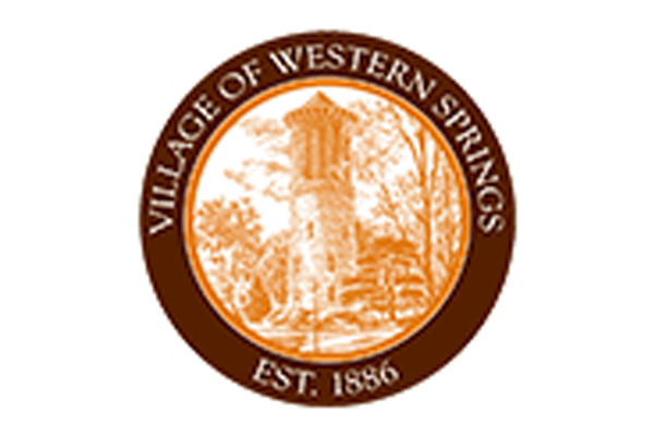 Village of Western Springs seal in brown and white, with a waterfall and “Est. 1886” text