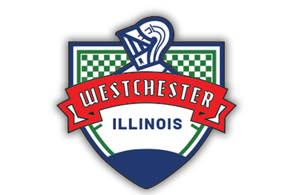 Westchester, Illinois village logo with red banner, blue shield, and green checkered border